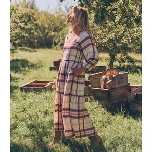 Marine Layer Ivy Smocked Dress Rose Plaid Extra Large Square Neck Tiered Midi